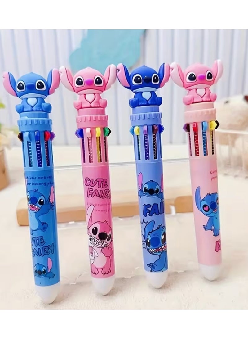 ستيتش قلم حبر جاف متعدد الألوان بتصميم ستيتش الوردي - قلم كرتوني قابل للسحب 10 في 1 للأطفال والطلاب - Image 5